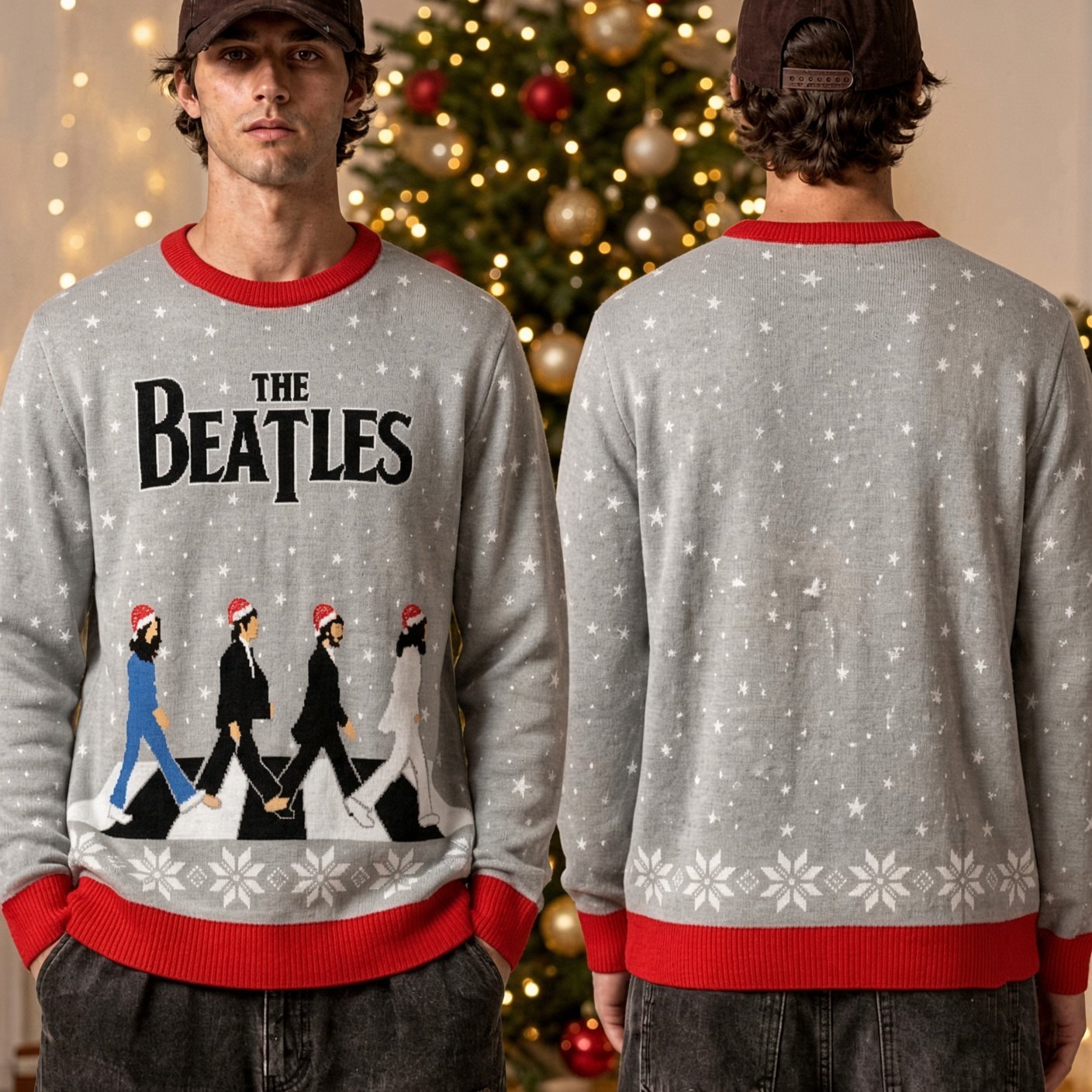 The Beatles Abbey Road Crossing In Santa Hats Ugly Christmas Sweater Beatles Xmas Outfits