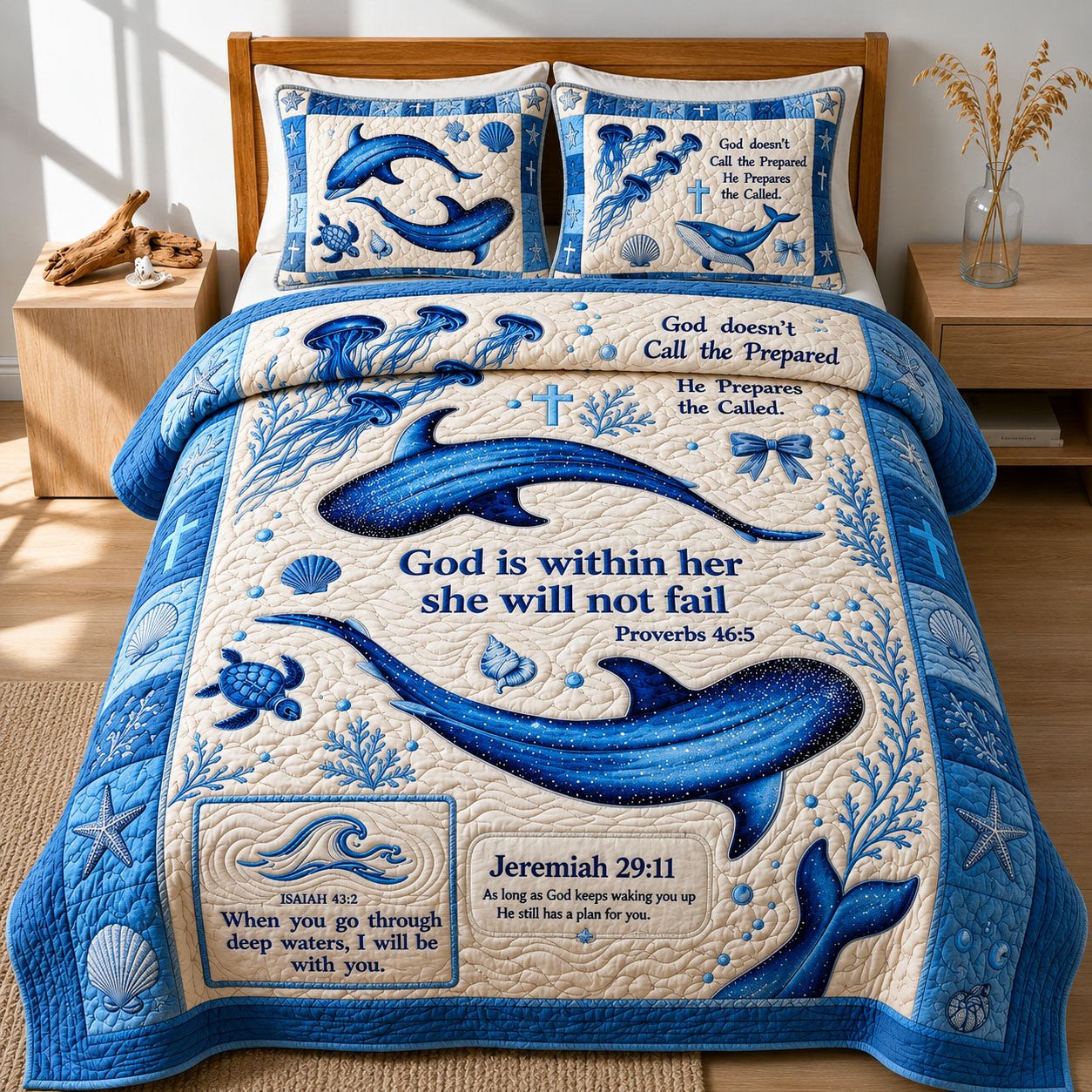 Ocean Bible Quote Quilted Bedding Set Christian Room Decor Gift For Friend