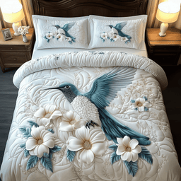 Winter Hummingbird Quilted Bedding Set White Floral Bird Comforter Sets Gift Idea