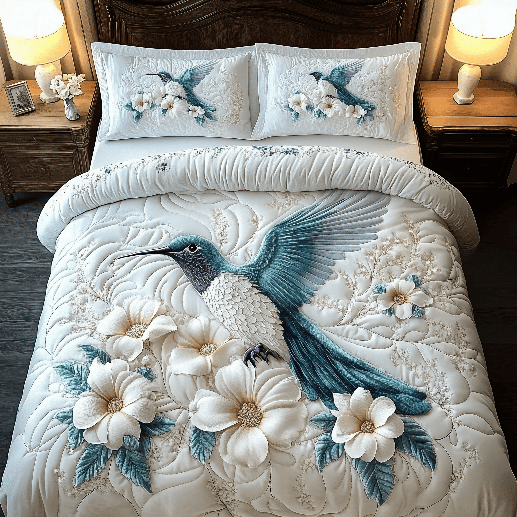 Winter Hummingbird Quilted Bedding Set White Floral Bird Comforter Sets Gift Idea