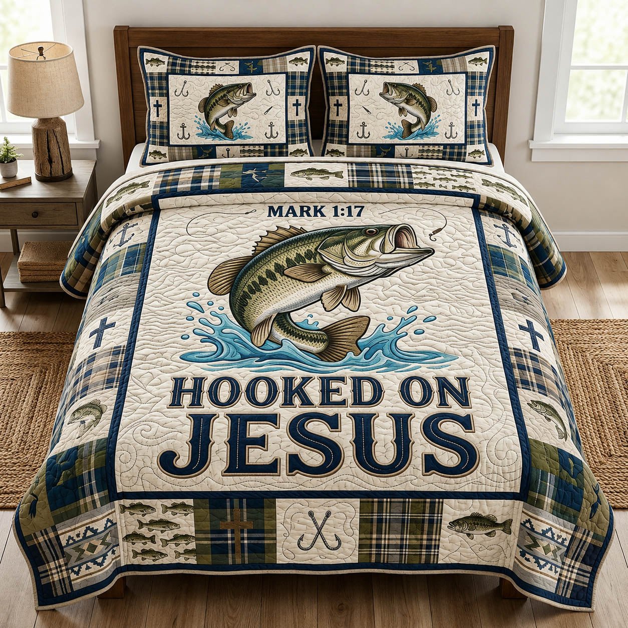 Hooked On Jesus Quilted Bedding Set Religious Bass Fish Duvet Covers Gift Idea