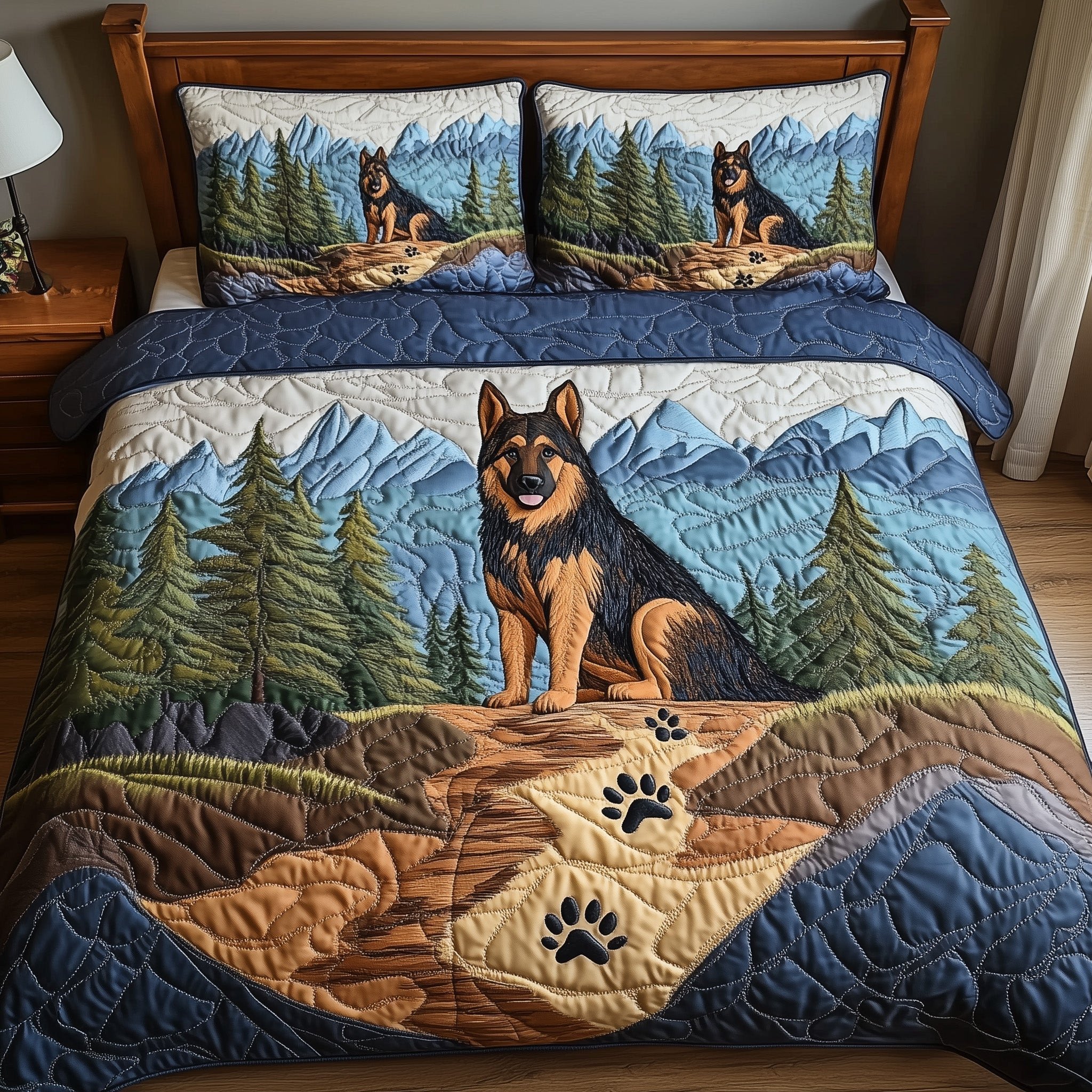Shepherd Trail Journey Quilted Bedding Set Alsatian Dog Forest Duvet Covers pet Lover Gifts