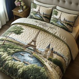 Paris Dreams Quilted Bedding Set  Vintage French Street Comforter Gifts For Mom