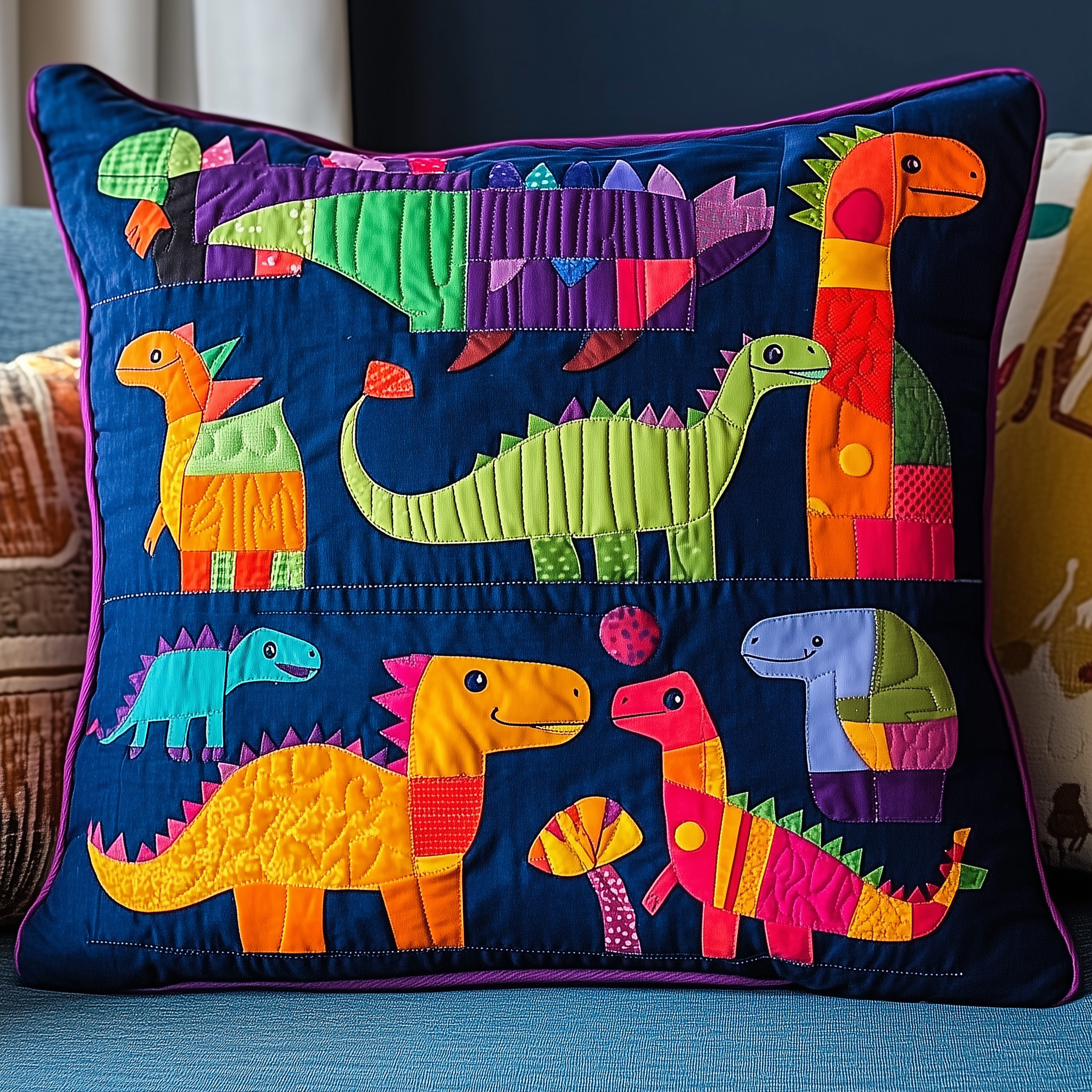 Playful Dinosaurs Quilted Pillow Case Colorful Throw Pillows Unique Son Gifts