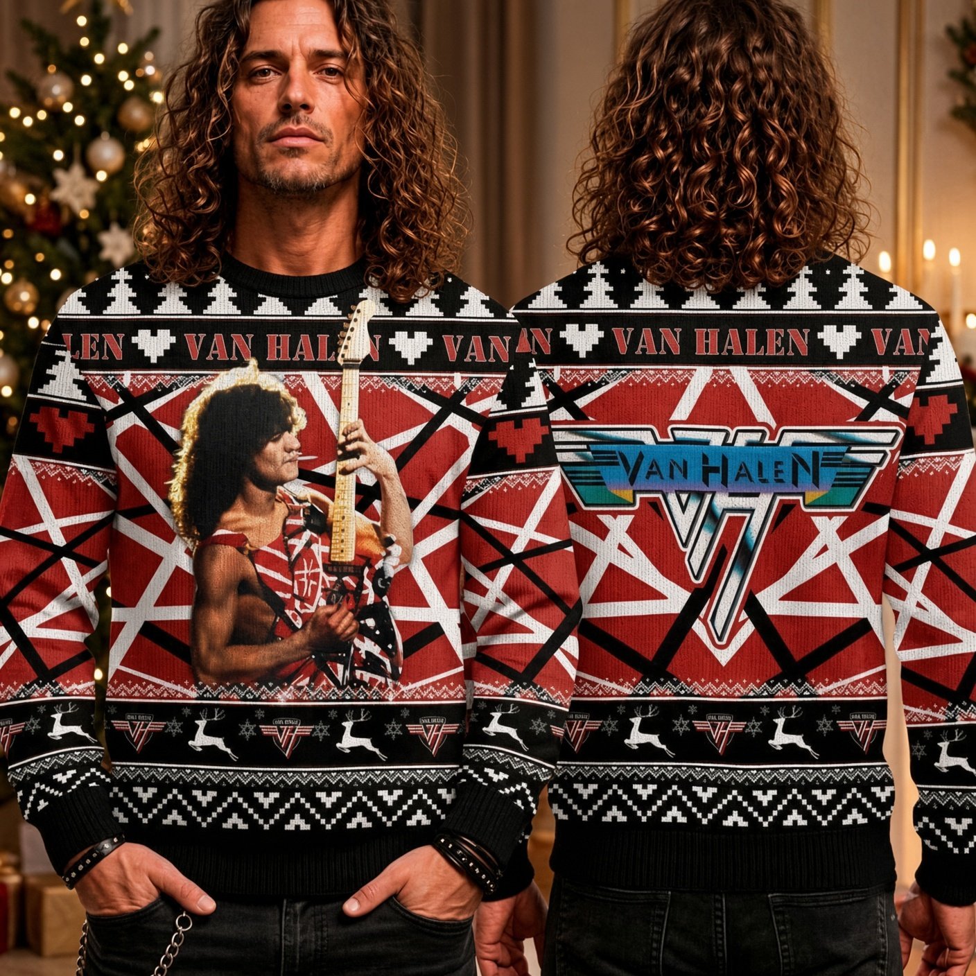 Van Halen Eddie Playing Guitar Ugly Christmas Sweater Van Halen Holiday Clothing
