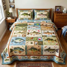 Fish Patch Quilted Bedding Set Bass Fishing Cover Set Gifts For Husband