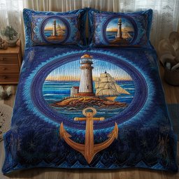 Nautical Quilted Bedding Set Ocean Lighthouse Bedspreads King Gift For Husband