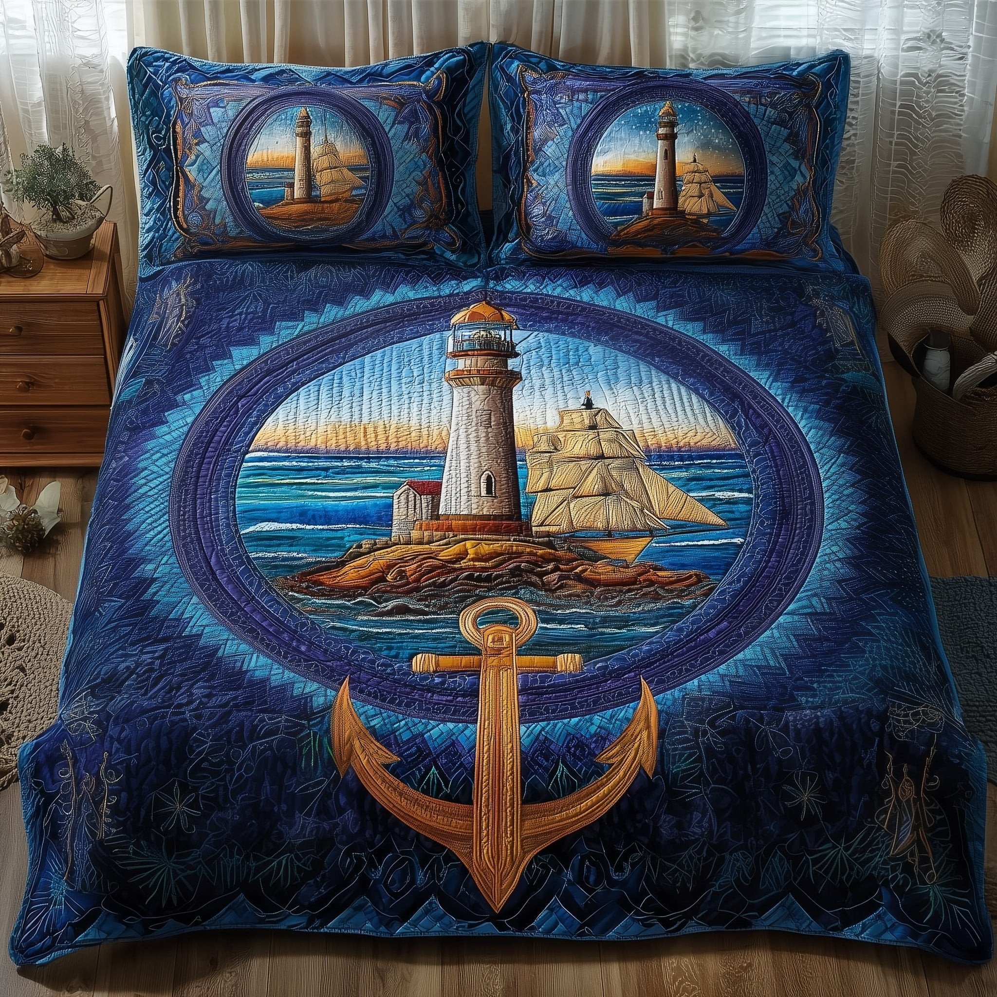 Nautical Quilted Bedding Set Ocean Lighthouse Bedspreads King Gift For Husband