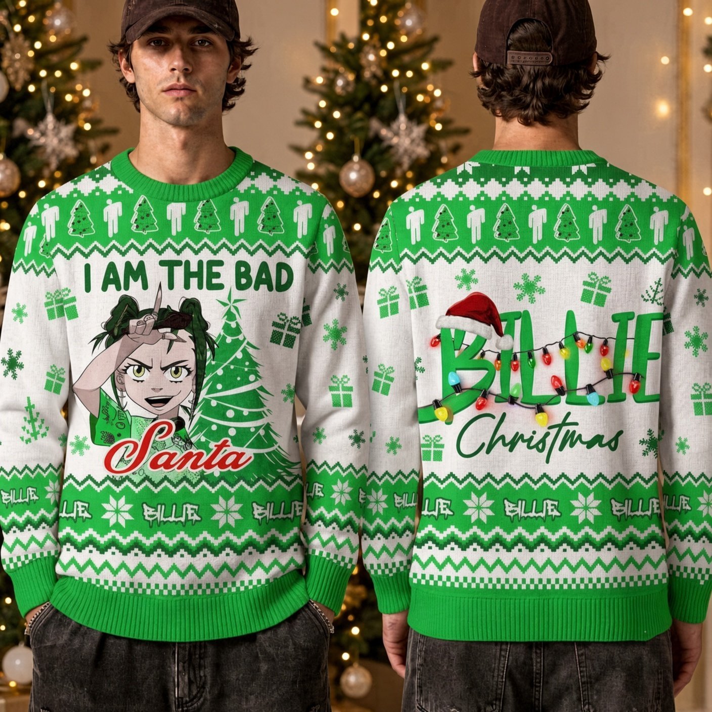 Billie Eilish Anime Santa I Am The Bad Ugly Christmas Sweater Billie Eilish Xmas Apparel