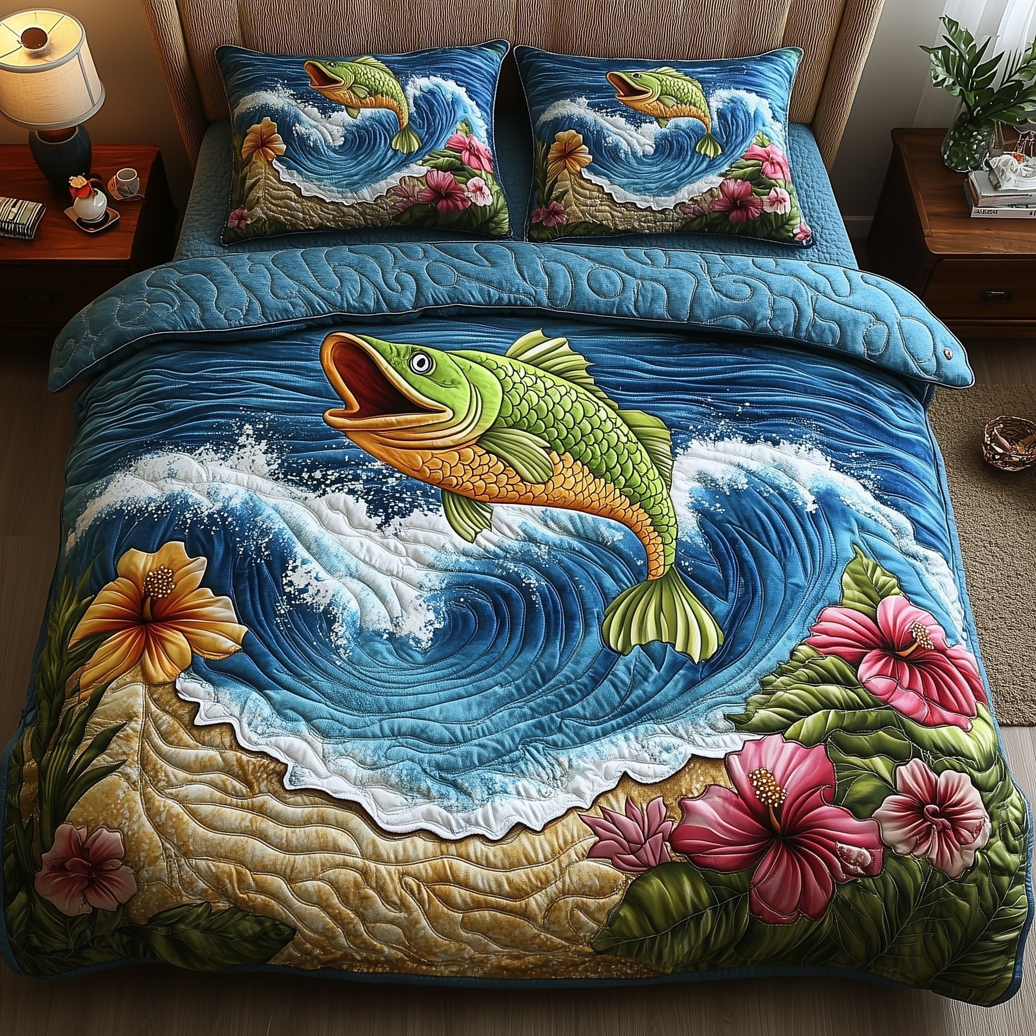 Fish Paradise Quilted Bedding Set Largemouth Bass Art Bedroom Decor Gifts For Father