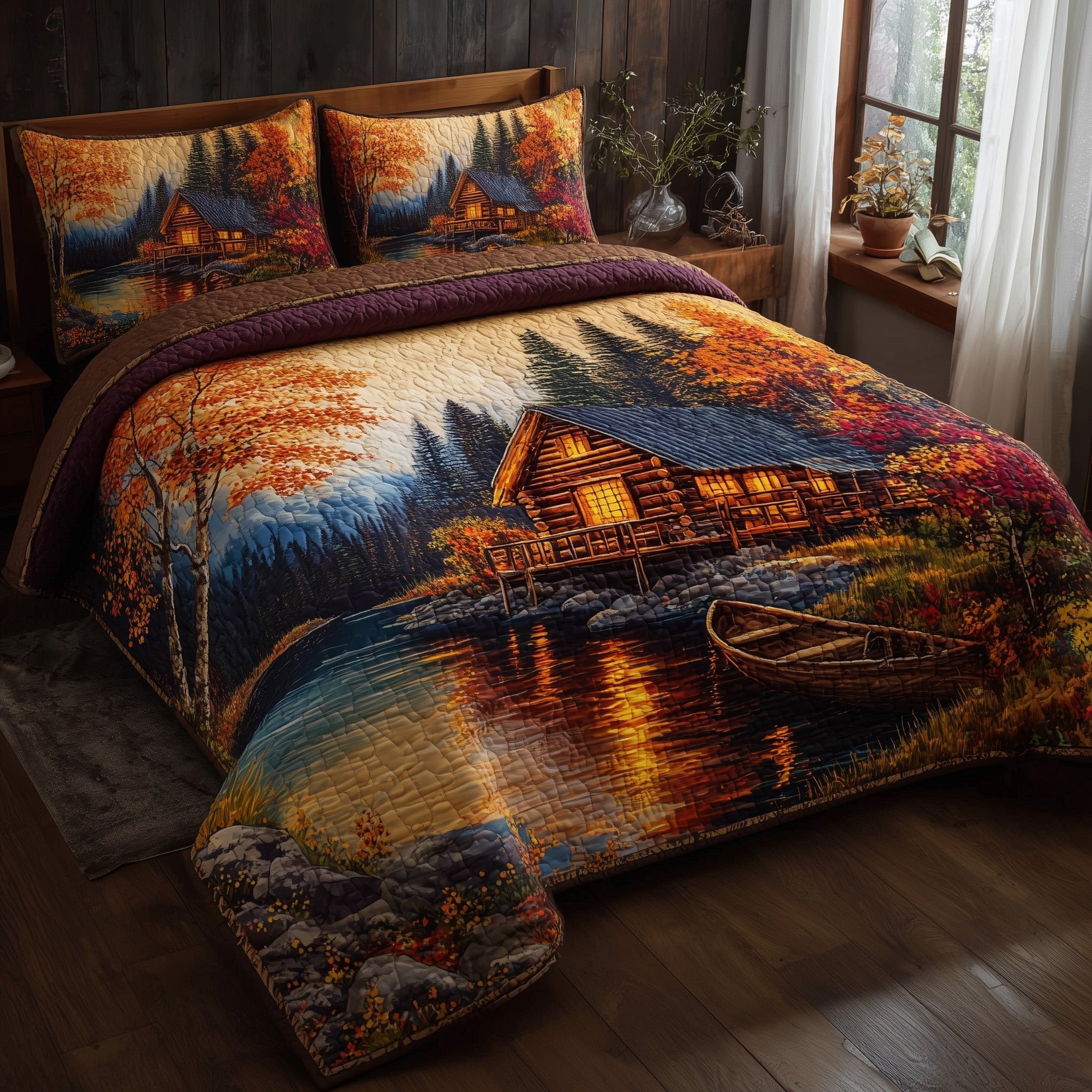 Golden Bloom Cabin Quilted Bedding Set Autumn Nature Lover Bedding Set Gift For Home Decor