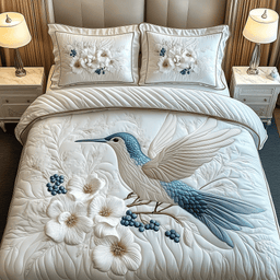 Winter Hummingbird Quilted Bedding Set Floral Bird Comforter Cover Bird Lover Gifts