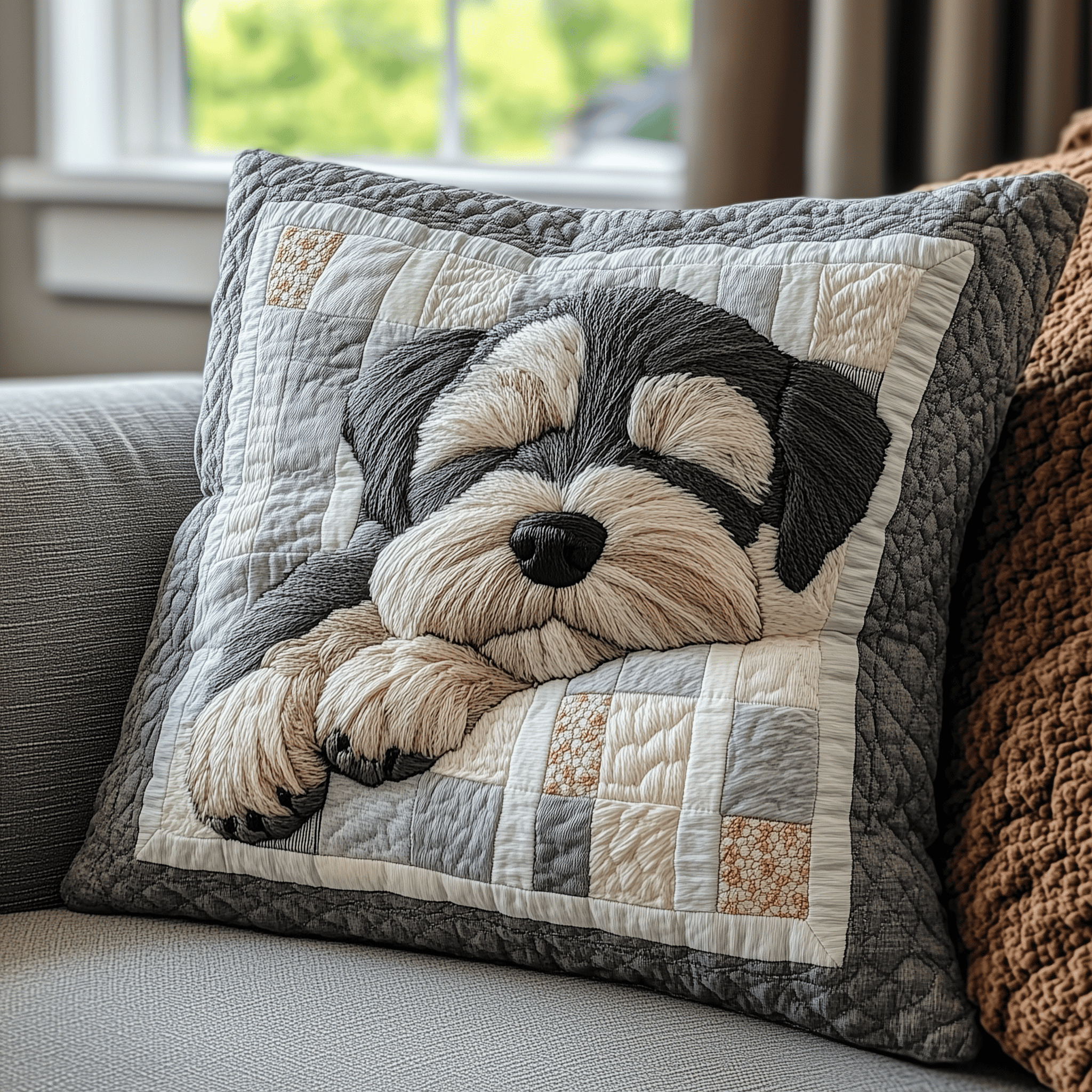 Restful Schnauzer Quilted Pillow Case Cute Puppy Quilt Throw Pillows Dog Mom Gift