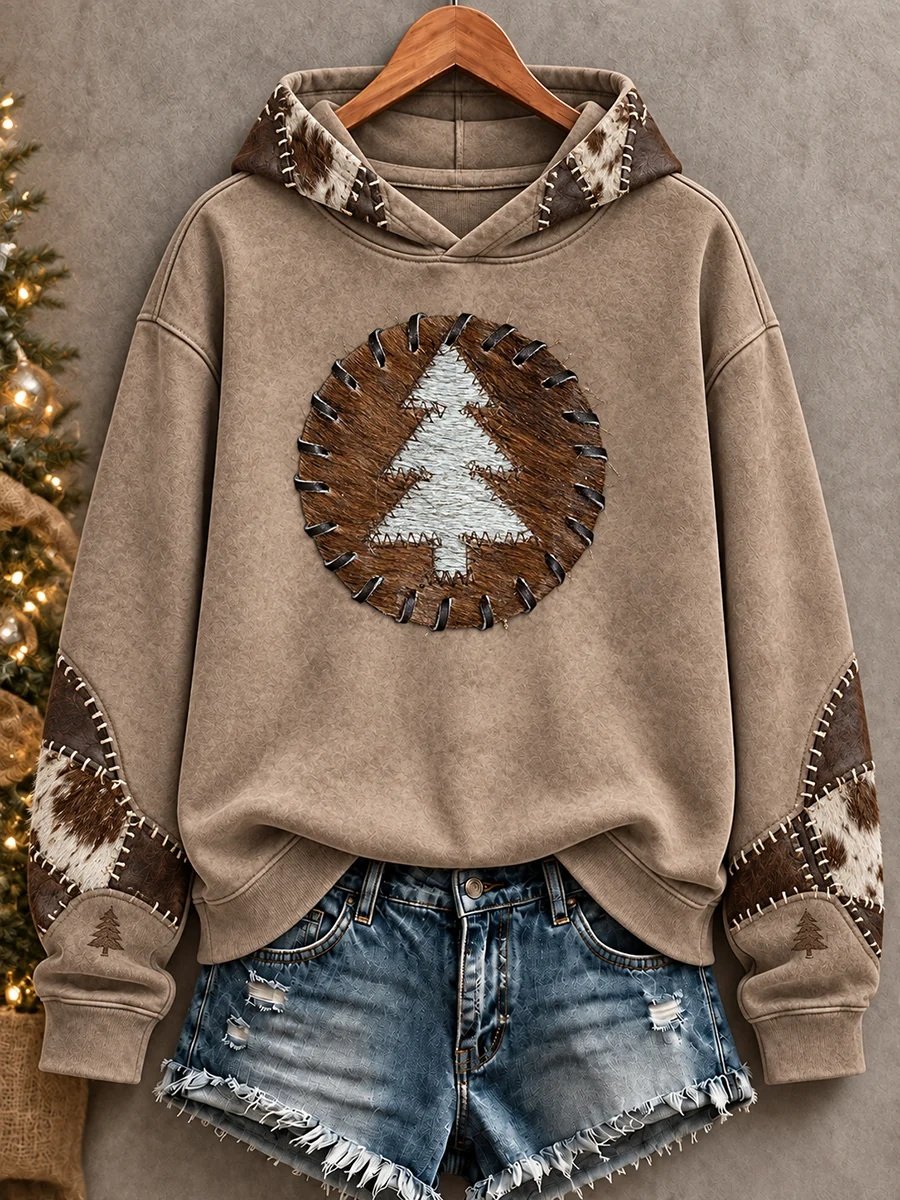 Vintage Western Style Christmas Art Printed Hoodie Women_s Christmas Apparel Her Gift