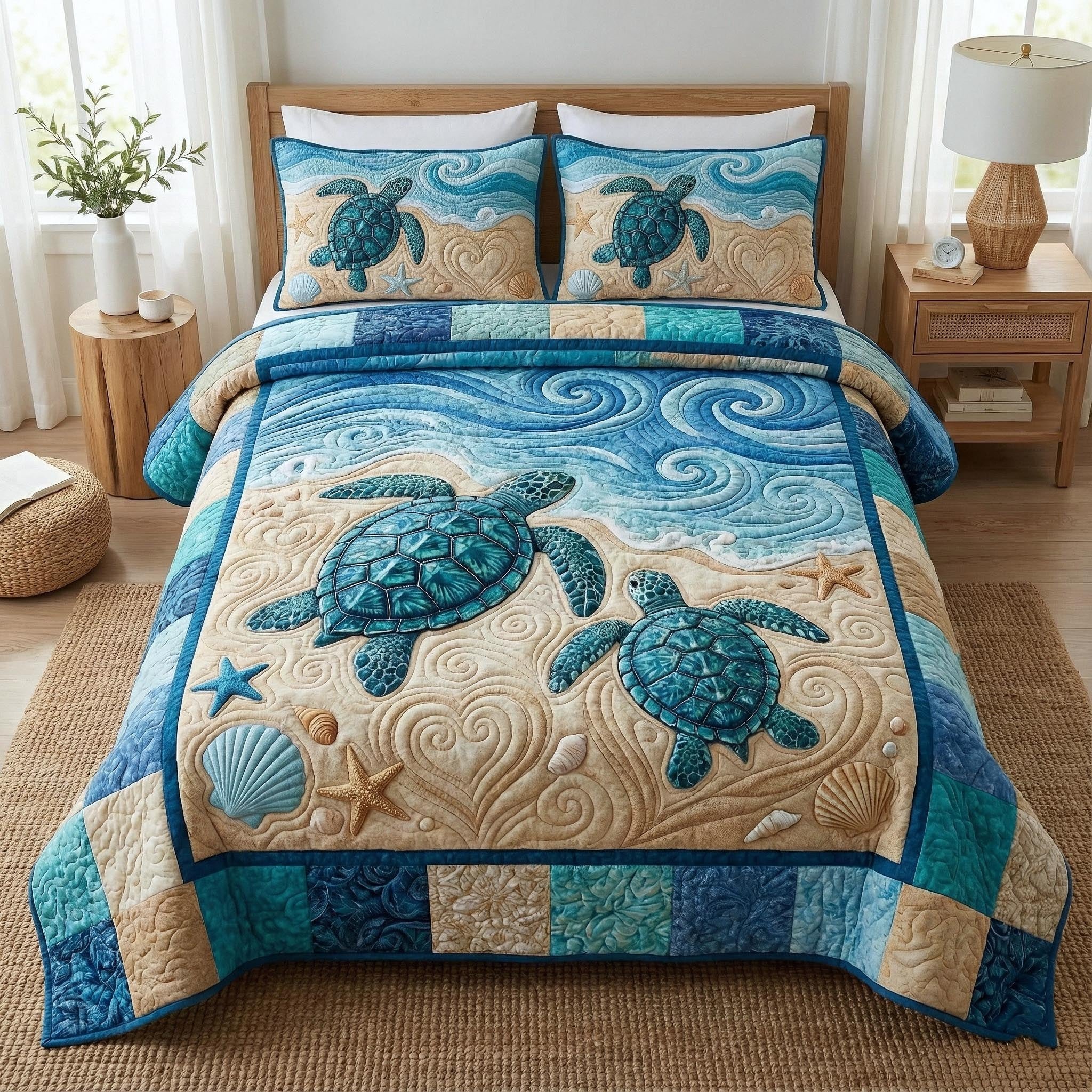 Ocean Companions Quilted Bedding Set Sea Turtle Comforter Sets Gift For Grandma