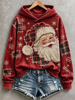 Santa Patchwork Art Hoodie Women_s Christmas Party Clothes Gifts For Mom