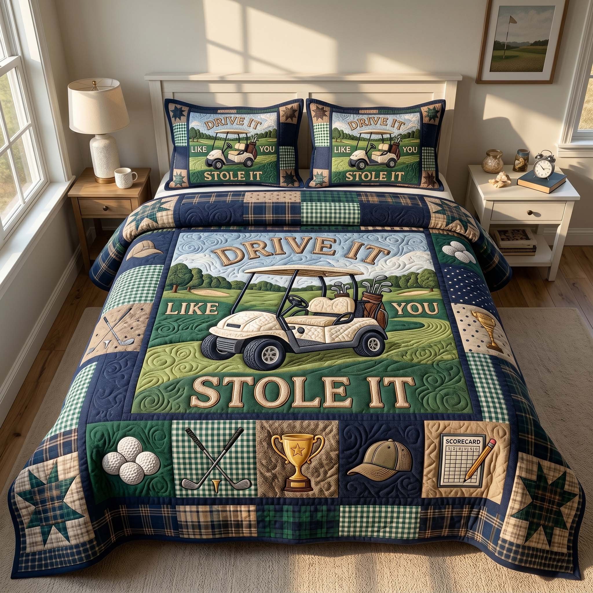 Swing Life Quilted Bedding Set  Funny Golf Cart Bedding Humorous Golfer Gift