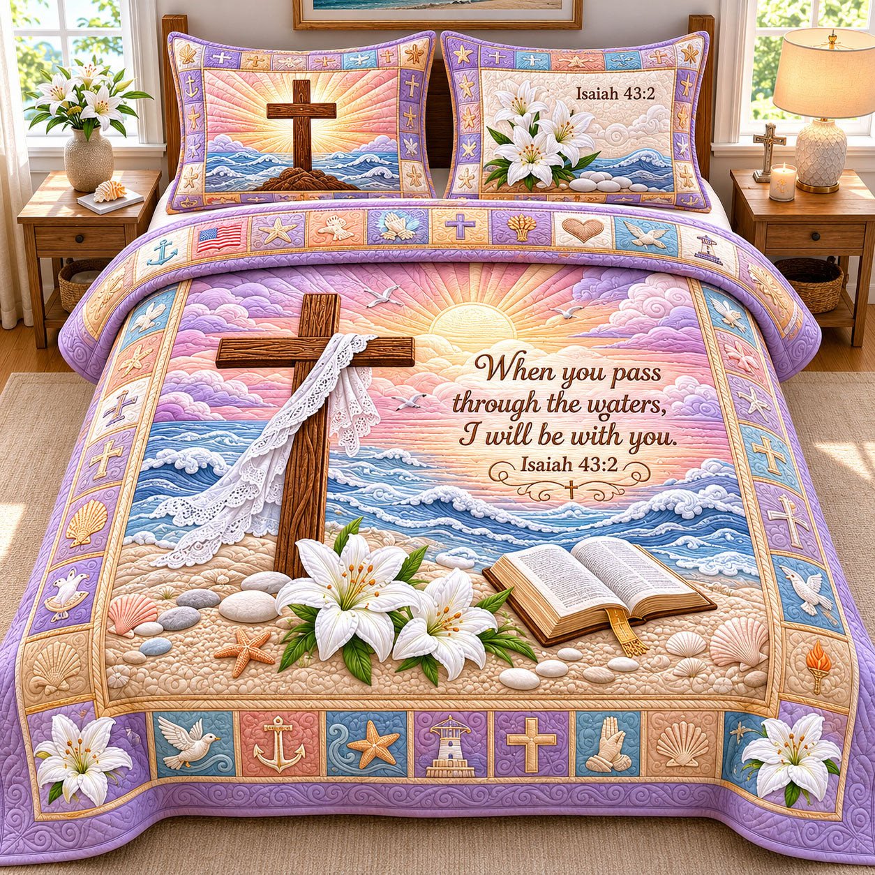 Ocean Bible Quote Quilted Bedding Set Christian Cross Comforter Sets Gift For Him