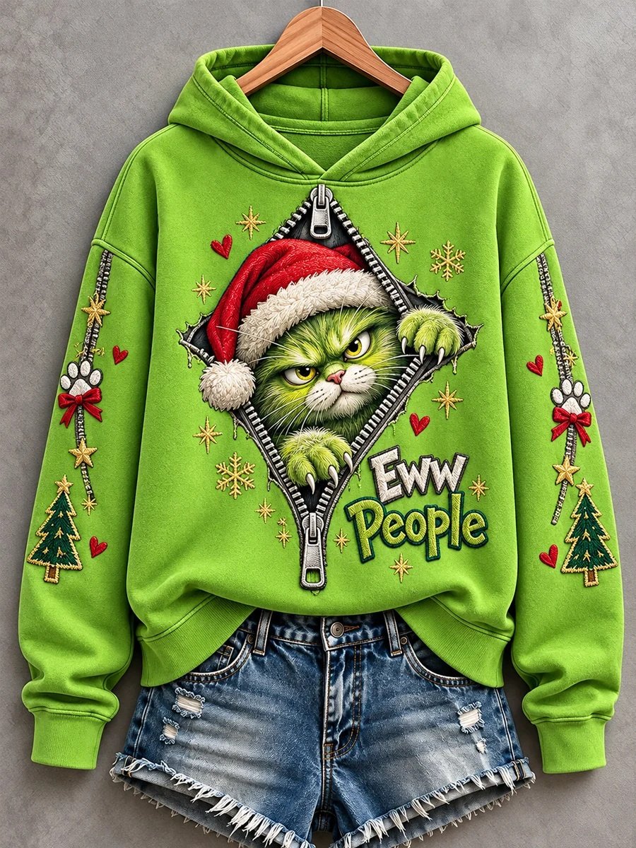Christmas Funny Cat Eww People Print Casual Hoodie Christmas Holiday Gear Wife Gifts