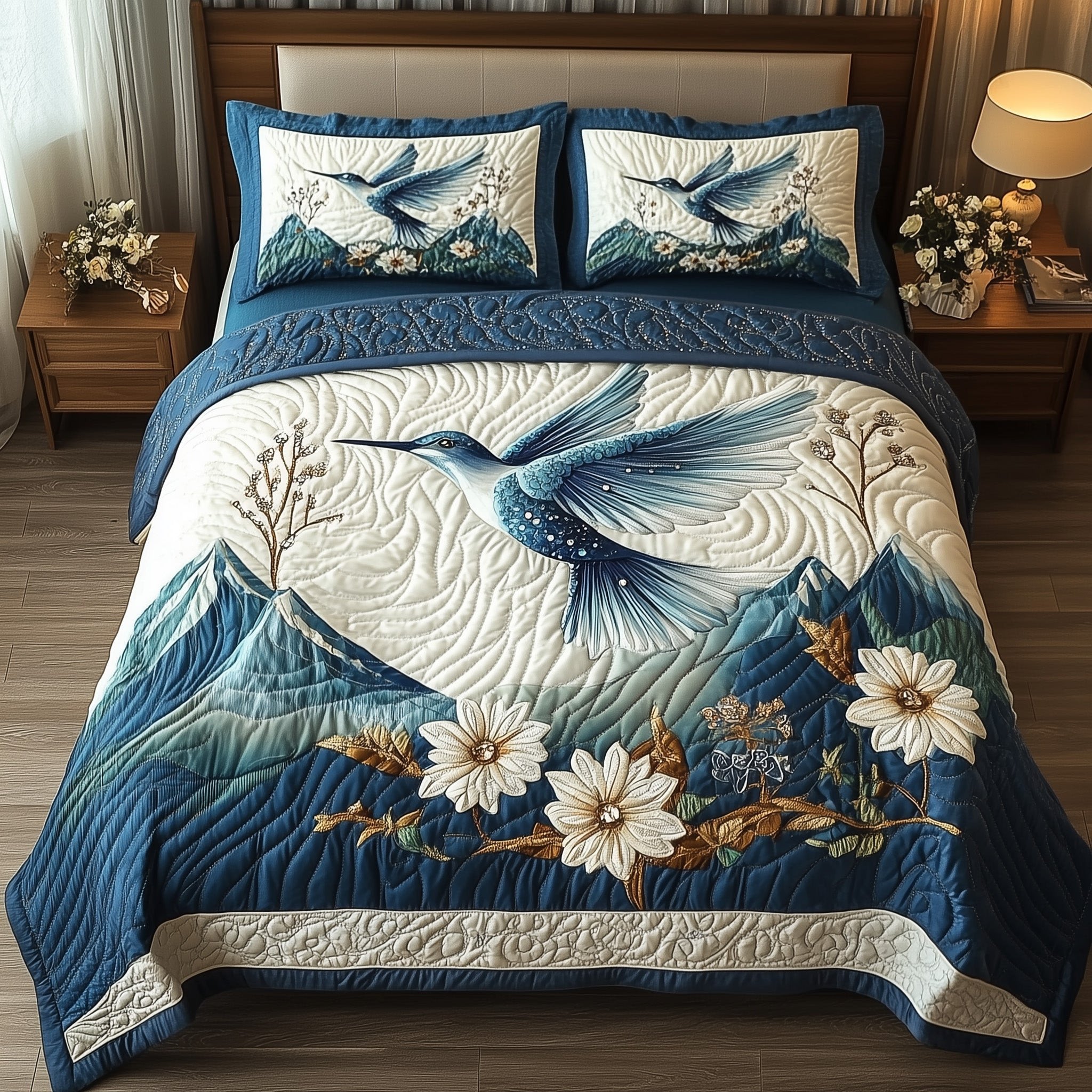 Winter Hummingbird Quilted Bedding Set Botanical Birds Comforter Sets Gift For Him