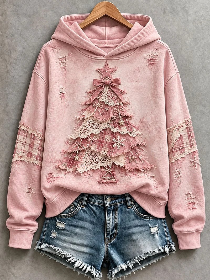 Pink Christmas Tree Hoodie Women_s Vintage Christmas Clothing Gifts For Wife