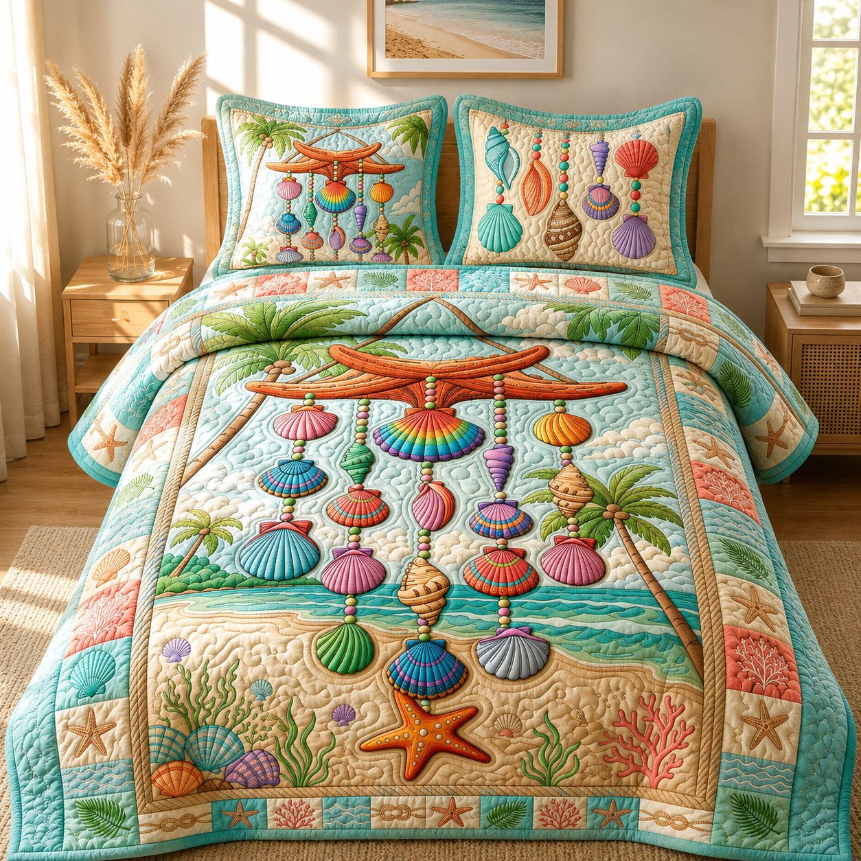 Shell Wind Chime Quilted Bedding Set Tropical Palm Tree Comforter Cover Beach House Decor_