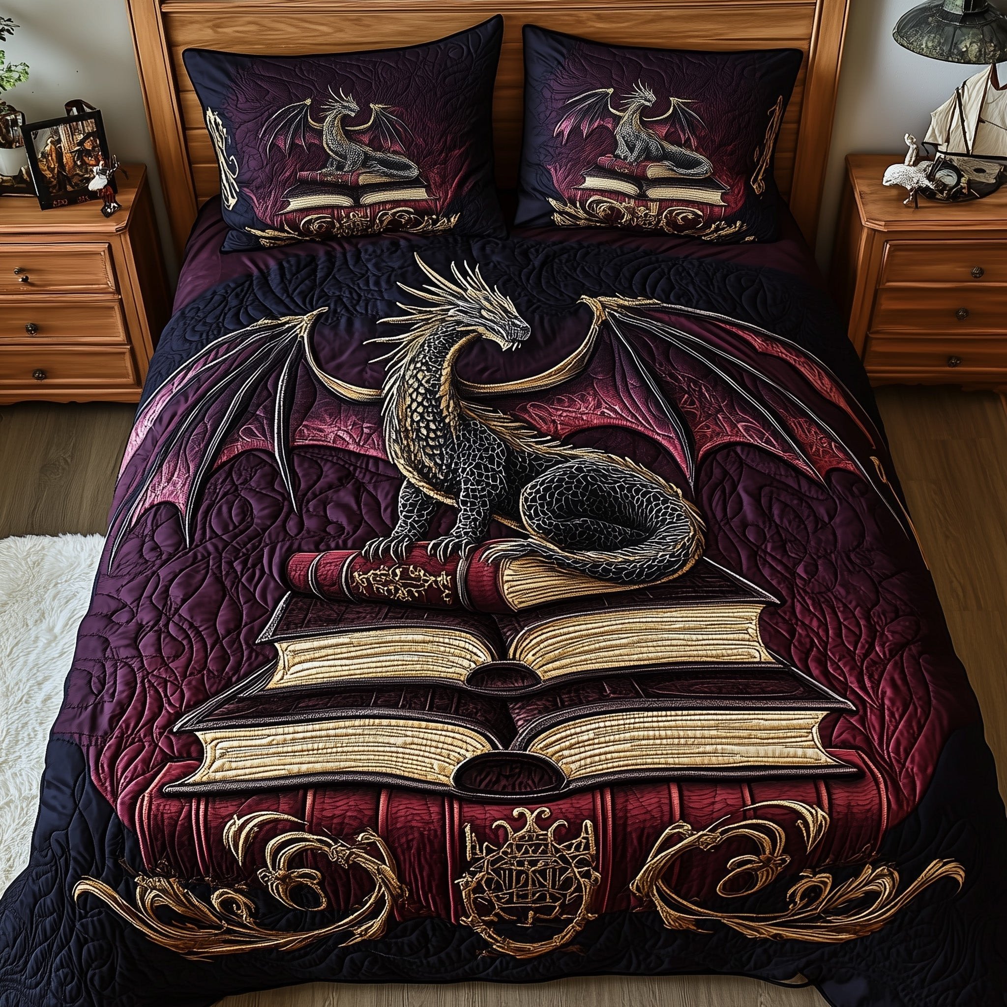 Majestic Dragon Quilted Bedding Set Fantasy Book Lover Best Duvet Covers Gift Idea