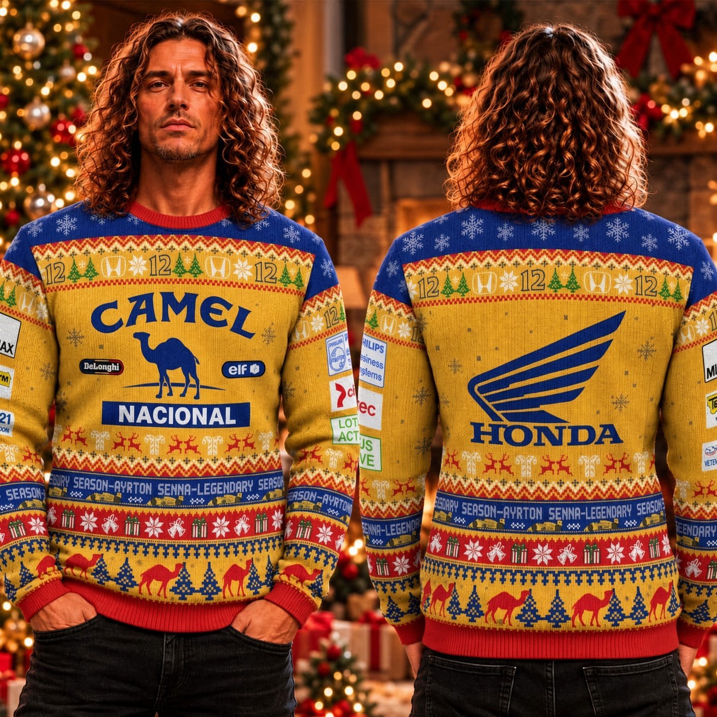 Ayrton Senna Camel Honda Racing F1 Racing Xmas Ugly Christmas Sweater Xmas F1 Attire