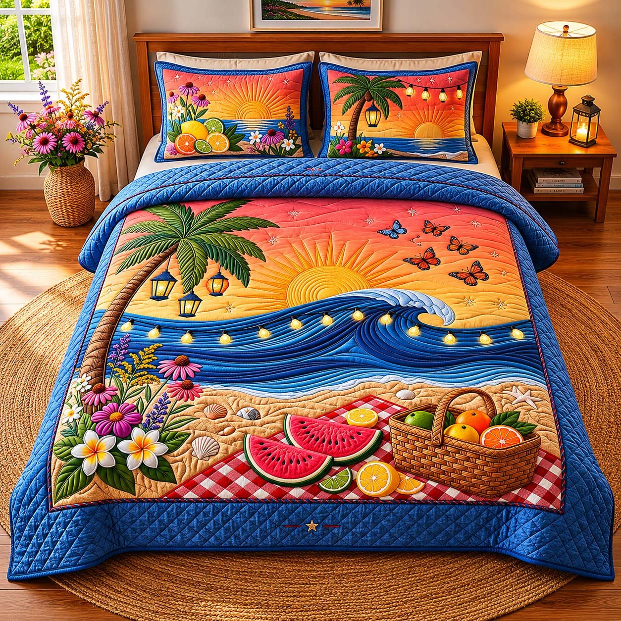 Sunset Paradise Quilted Bedding Set Tropical Beach Bedspreads King Gift For Him_