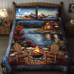 Midnight Harmony Quilted Bedding Set Campfire Mountain Cabin Duvet Covers Gift Idea