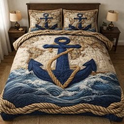 Voyage Anchor Quilted Bedding Set Nautical Ocean Wave Bedspreads King Husband Gift