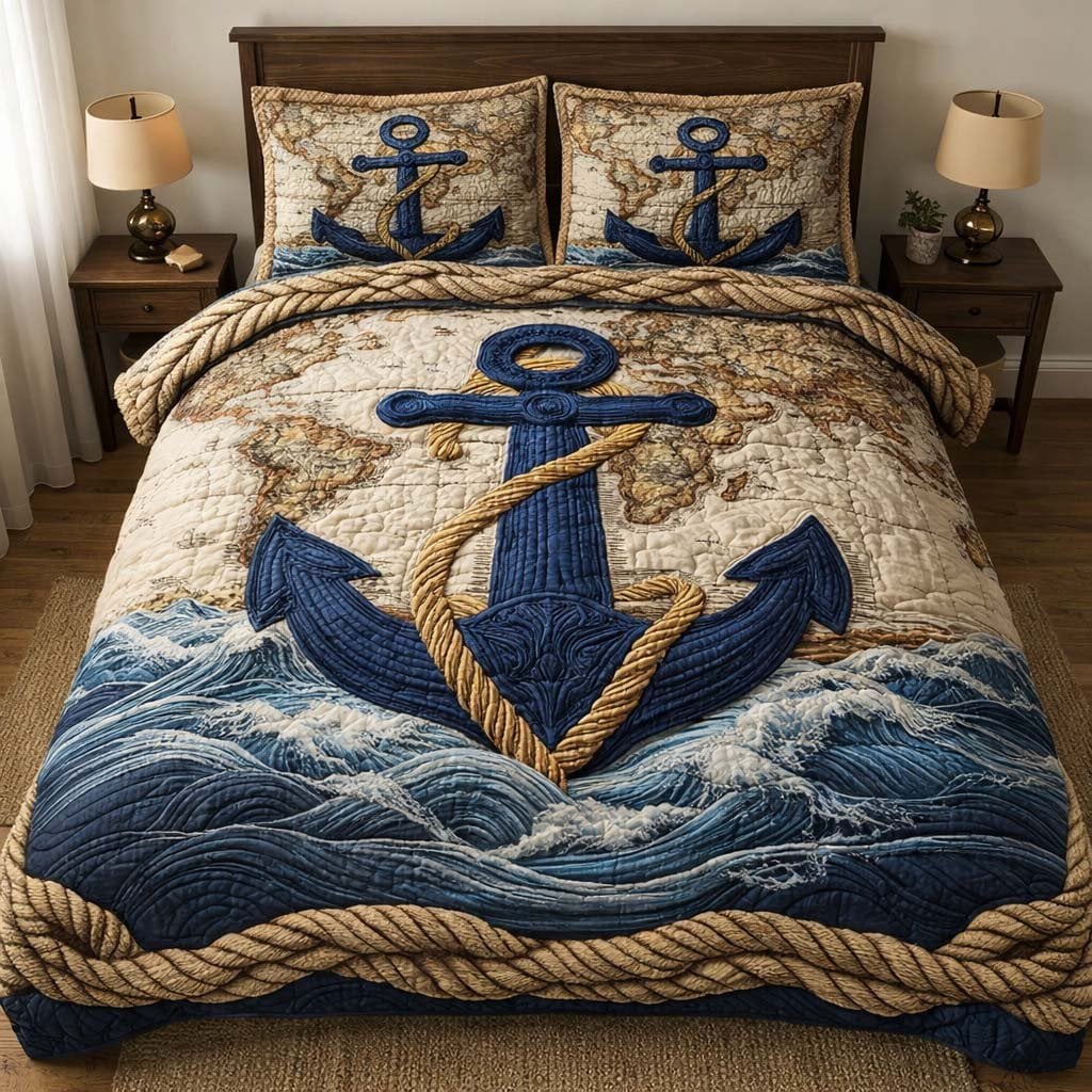 Voyage Anchor Quilted Bedding Set Nautical Ocean Wave Bedspreads King Husband Gift