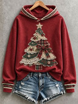 Christmas Tree Patchwork Art Hoodie Women_s Xmas Holiday Apparel Gifts For Daughter