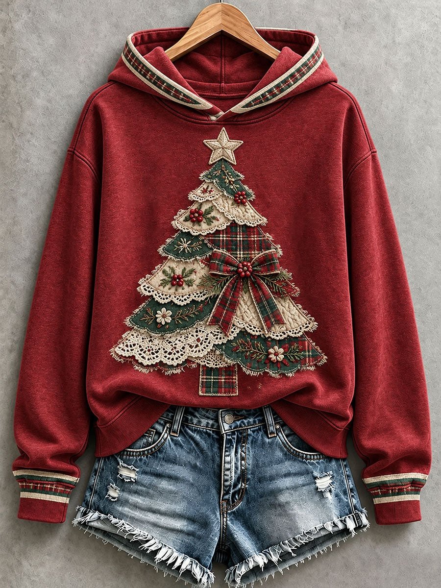 Christmas Tree Patchwork Art Hoodie Women_s Xmas Holiday Apparel Gifts For Daughter