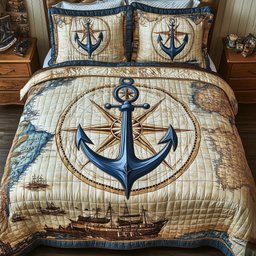 Nautical Anchor Quilted Bedding Set Ocean Lover Bedspreads King Gift For Husband