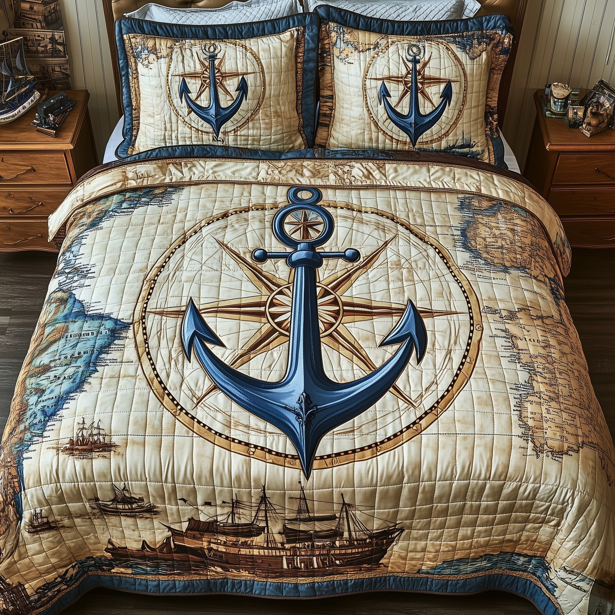 Nautical Anchor Quilted Bedding Set Ocean Lover Bedspreads King Gift For Husband