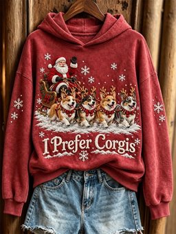 Christmas I Prefer Corgis Santa Claus & Dogs Print Hoodie Women_s Xmas Clothing