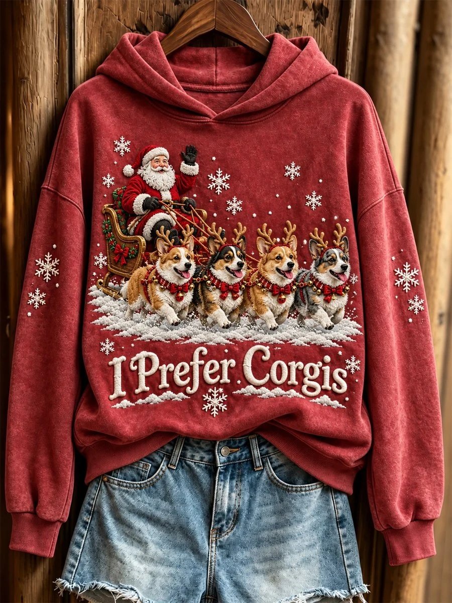 Christmas I Prefer Corgis Santa Claus & Dogs Print Hoodie Women_s Xmas Clothing