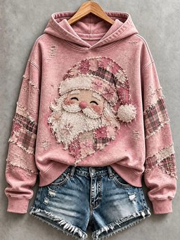 Pink Santa Patchwork Art Hoodie Women_s Vintage Holiday Xmas Outfits Gift For Bestie