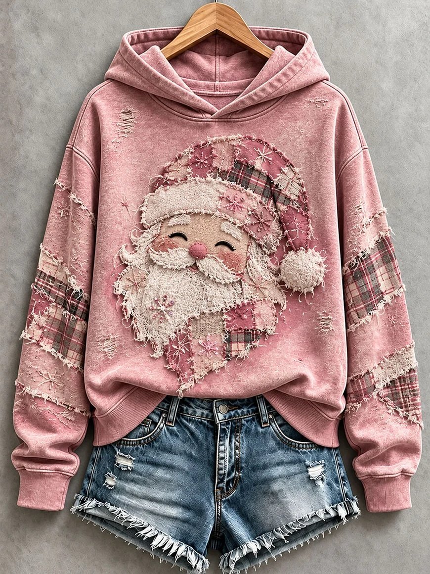 Pink Santa Patchwork Art Hoodie Women_s Vintage Holiday Xmas Outfits Gift For Bestie