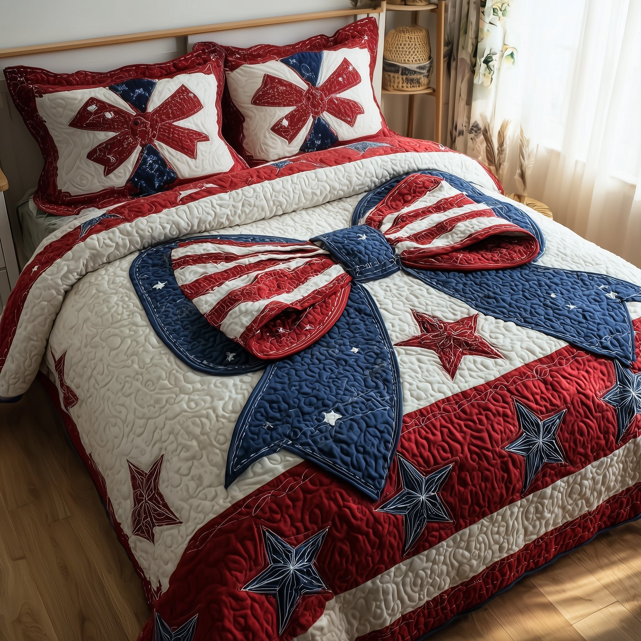 Patriotic Bow Quilted Bedding Set Coquette Patriotic Bow Best Duvet Covers 4th Of July Gift