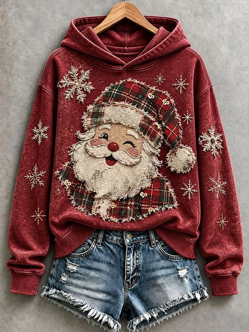 Santa Patchwork Art Hoodie Women_s Xmas Gear Birthday Gifts For Daughter