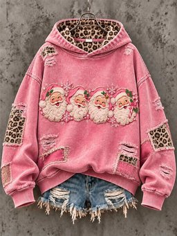 Retro Santa Claus Pink Christmas Print Casual Hoodie Women_s Xmas Apparel Gifts