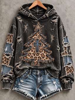 Patchwork Cross Print Casual Hoodie Women_s Vintage Christmas Attire Gifts For Daughter