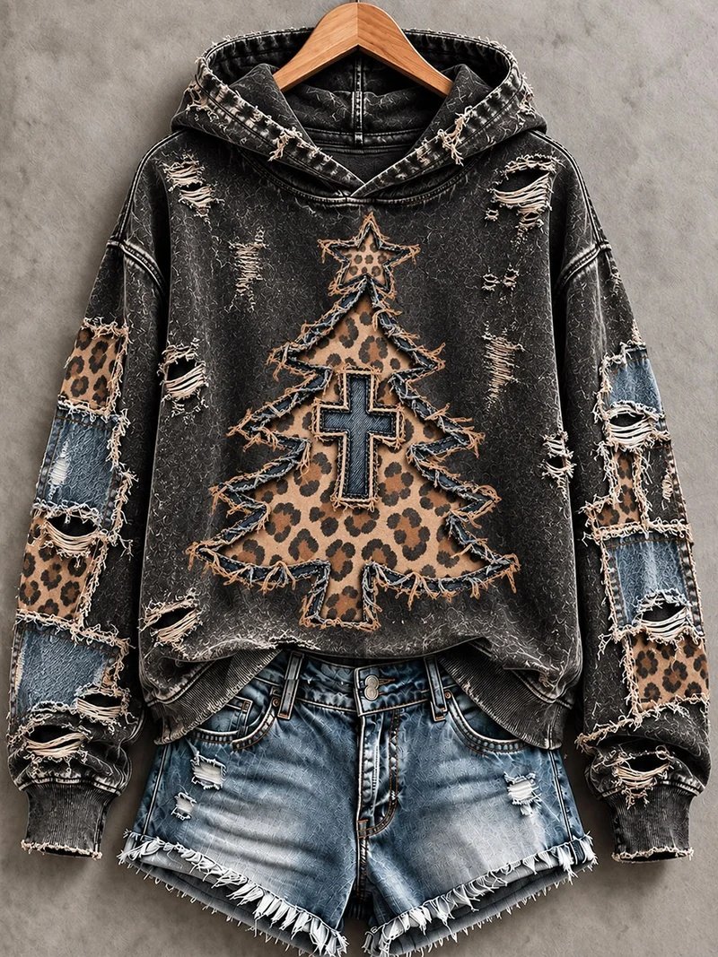 Patchwork Cross Print Casual Hoodie Women_s Vintage Christmas Attire Gifts For Daughter
