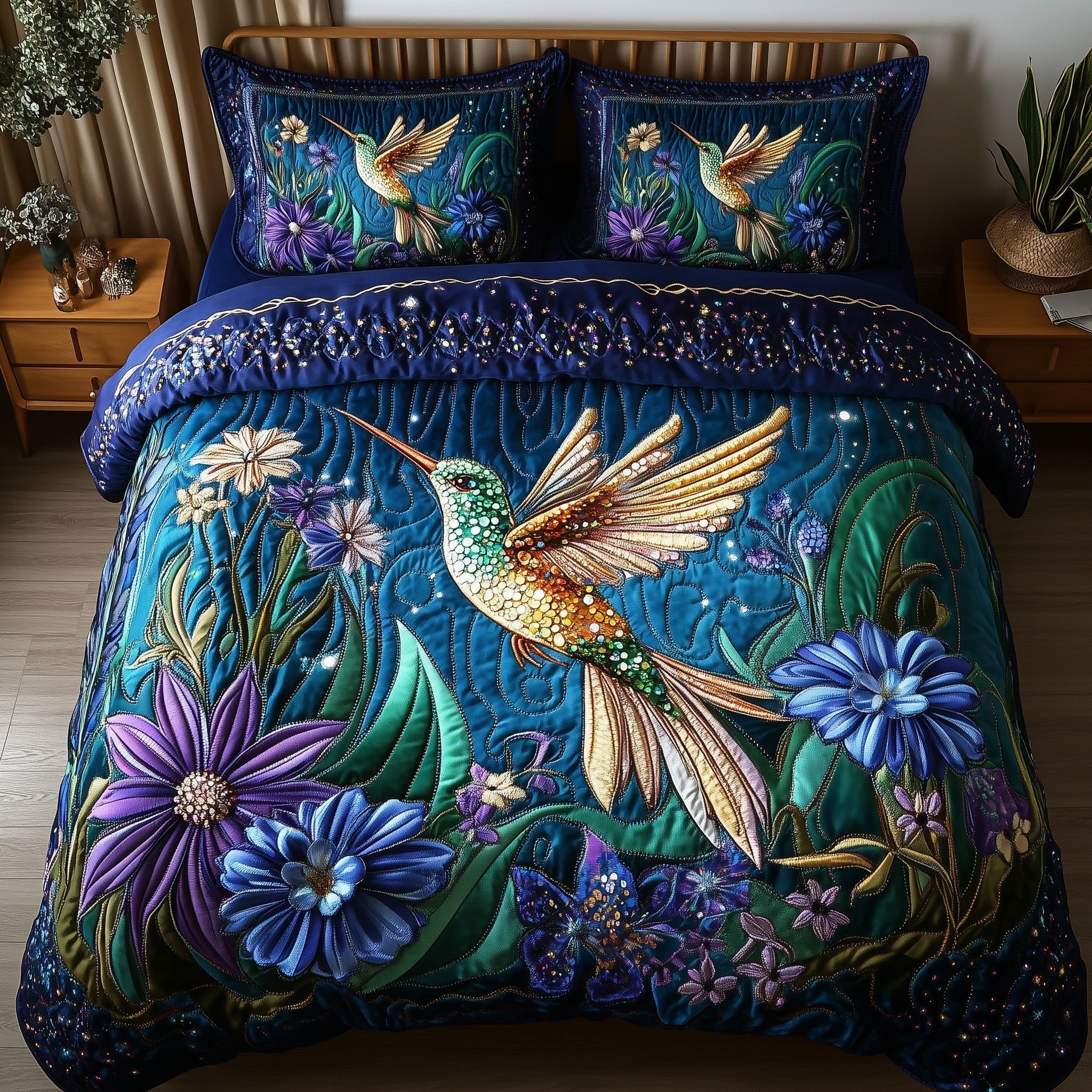 Sparkling Hummingbird Quilted Bedding Set Emerald Comforter Sets Gift For Grandma