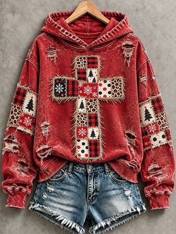 Patchwork Cross Print Casual Hoodie Women_s Vintage Christmas Wear Mom Gifts