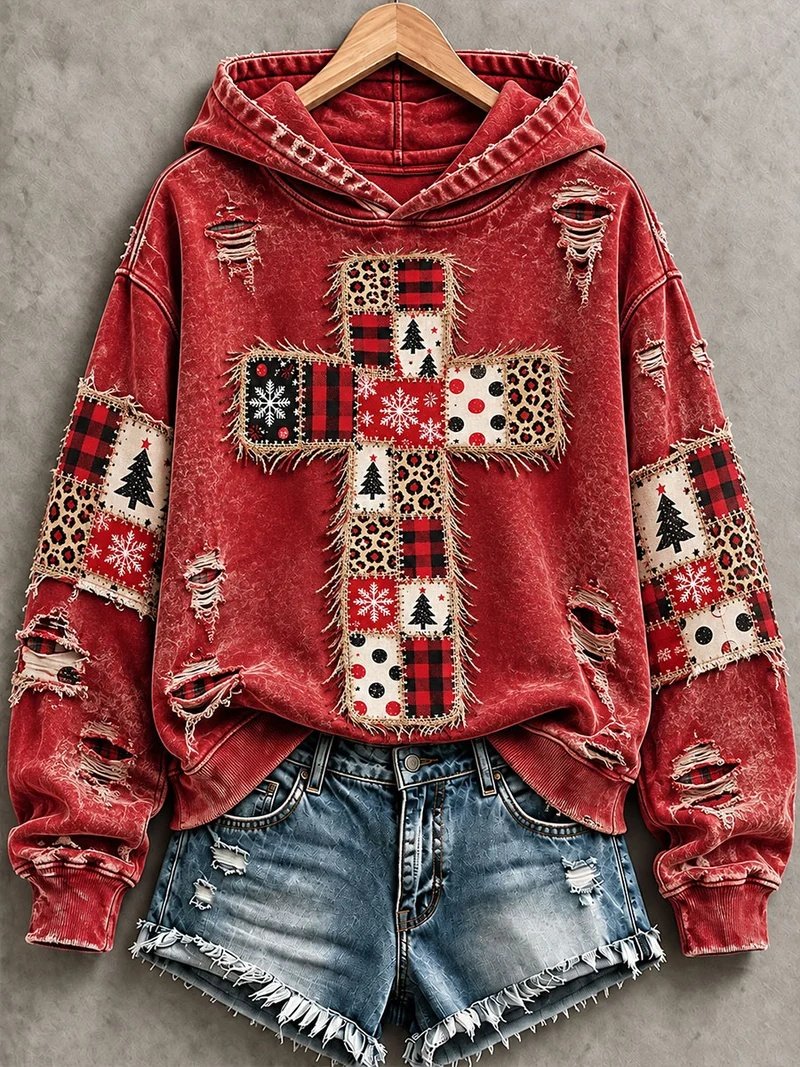 Patchwork Cross Print Casual Hoodie Women_s Vintage Christmas Wear Mom Gifts