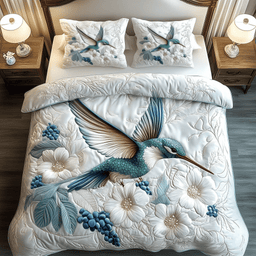 Winter Hummingbird Quilted Bedding Set Floral Bird Comforter Cover Nature Inspired Gift