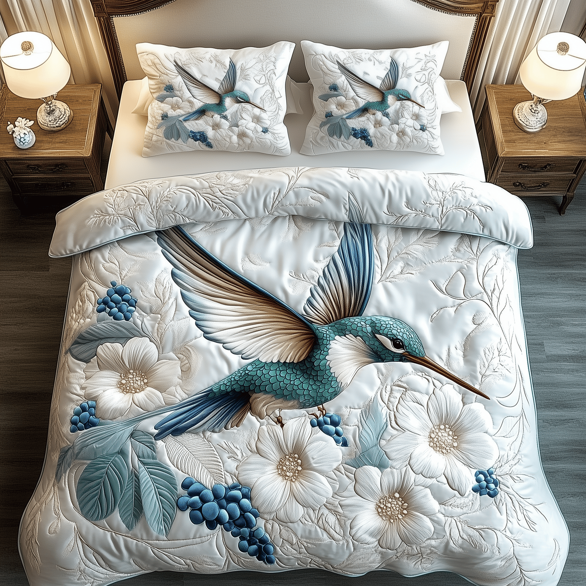 Winter Hummingbird Quilted Bedding Set Floral Bird Comforter Cover Nature Inspired Gift